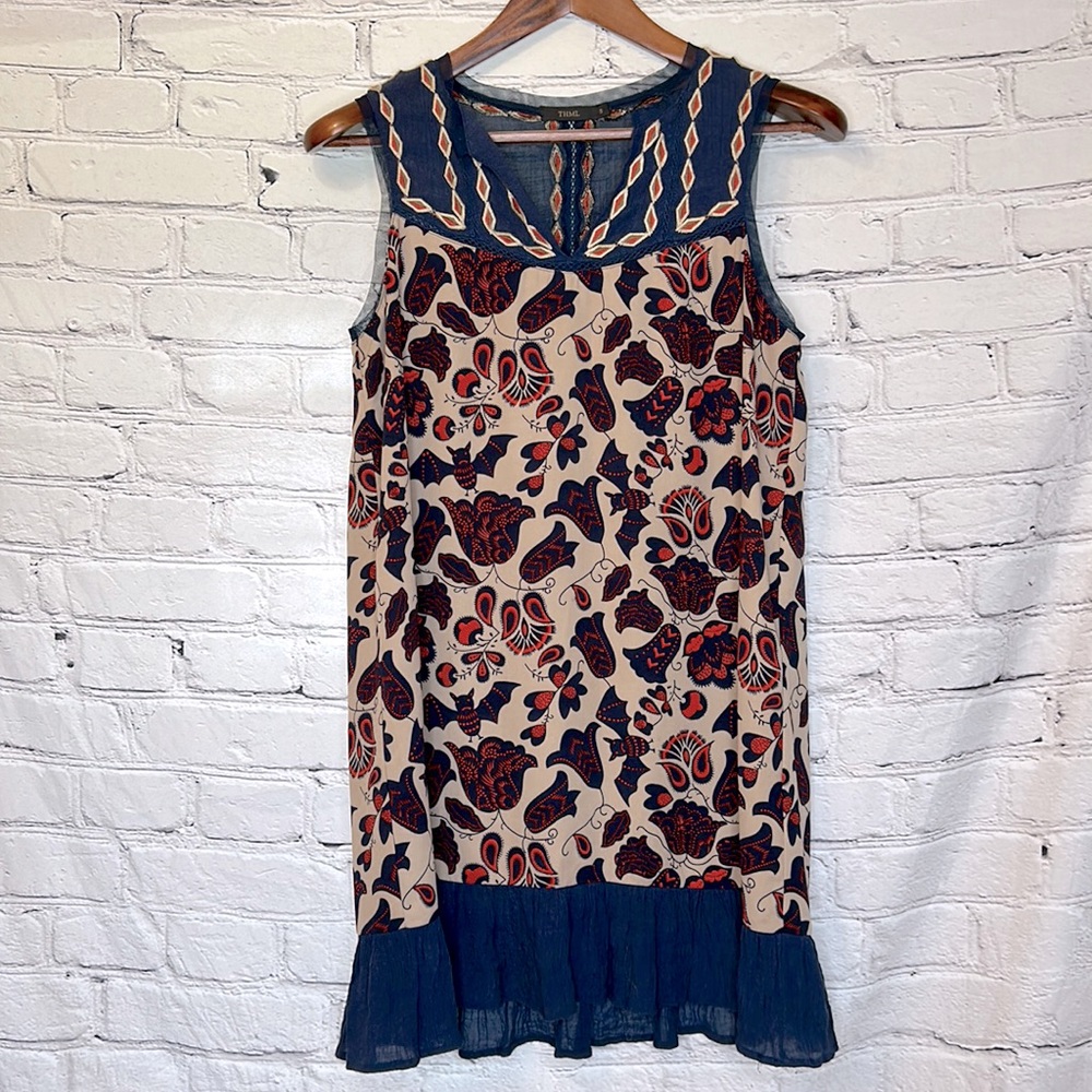THML Navy Blue Orange Bat Halloween Sleeveless Embroidered Dress Size Small